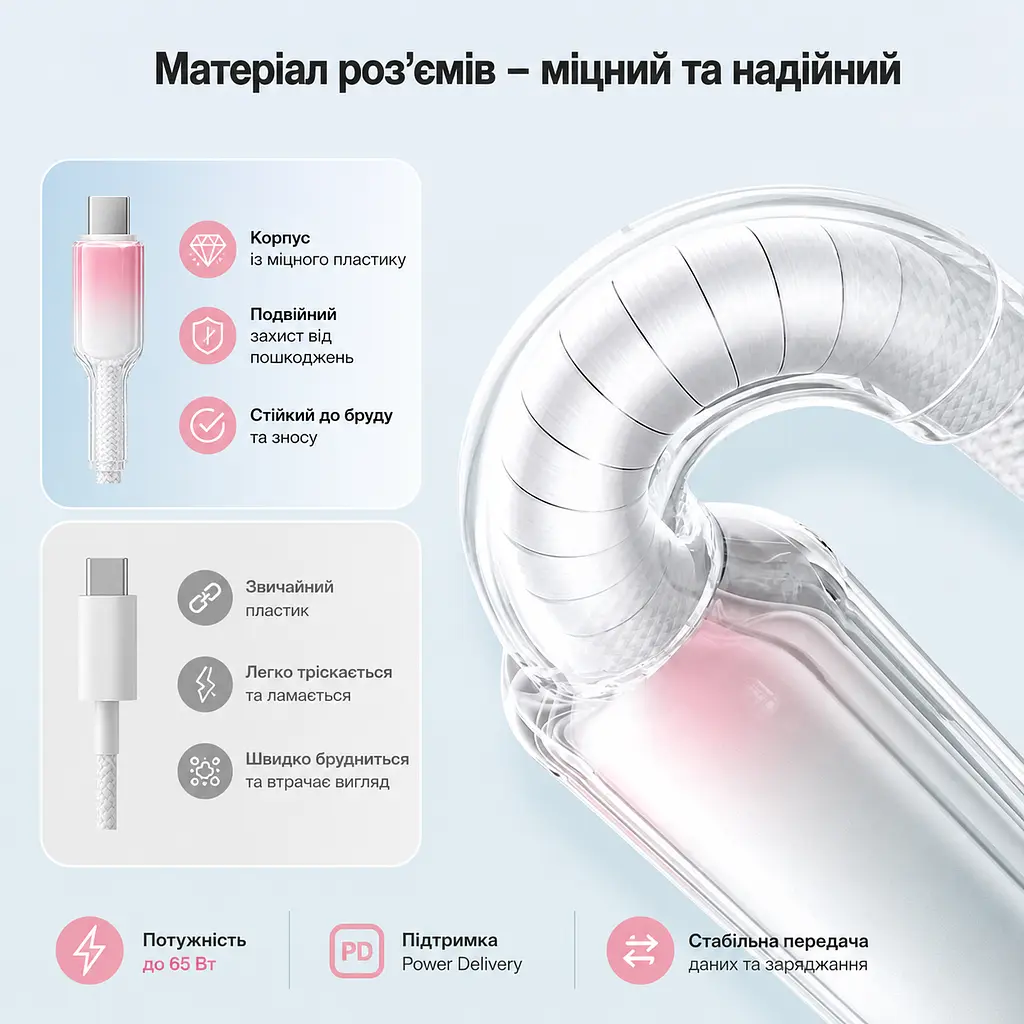 Кабель XON SmartCable Type-C - Type-C PD 65W 2м MaxCharge (SC802C6W2W 4838) Рожевий/Білий - фото 3