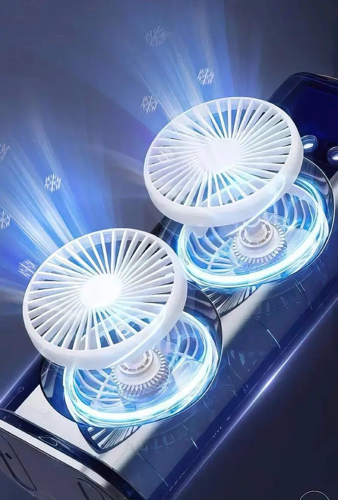 Портативний настільний подвійний вентилятор з охолодженням льодом та RGB LED підсвічуванням акумуляторний переносний поворотний на 180° USB охолоджувач повітря з розпилювачем водного туману Double ended Spray Fan UKC ART-8420 4208 - фото 4