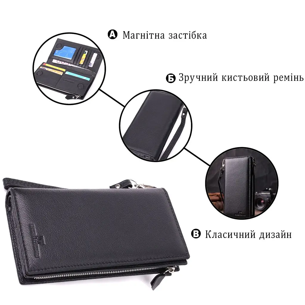 Вертикальний гаманець-клатч унісекс із натуральної шкіри ST Leather 22532 чорний - фото 8