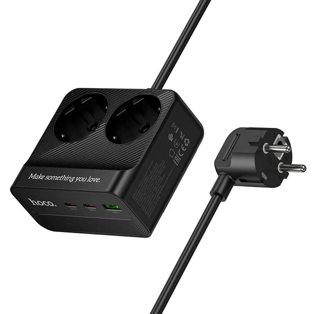 Мережевий зарядний пристрій подовжувач Hoco AC27 USB/2 Type-C PD 30W 2 розетки 2m чорний - фото 3