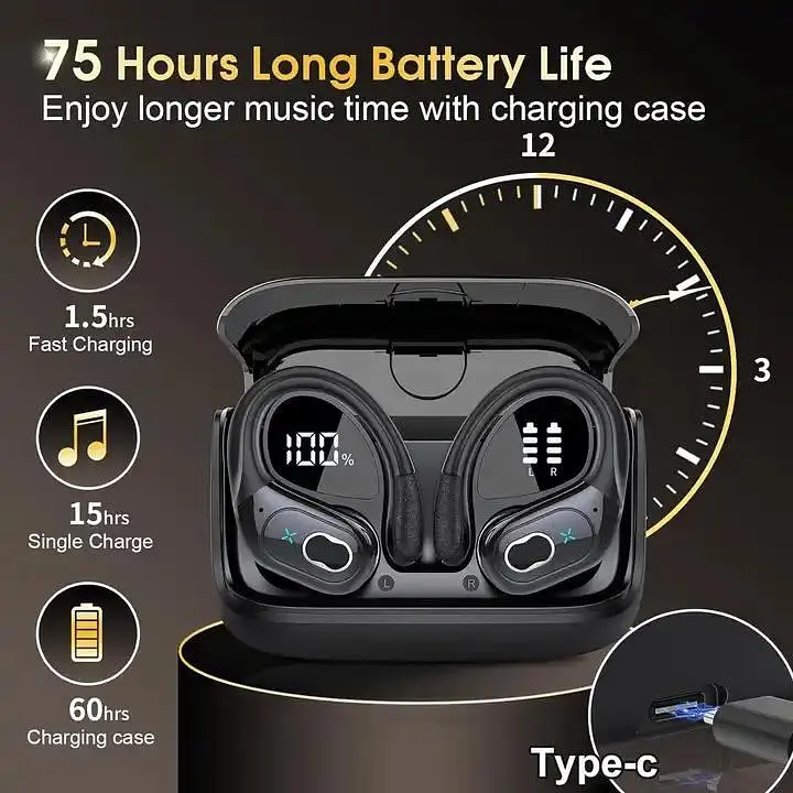 Бездротові спортивні навушники HD65 із зарядним кейсом і мікрофоном Bluetooth-навушники для спорту Чорні - фото 2