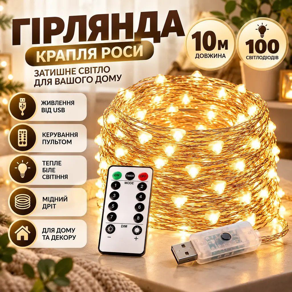 Світлодіодна гірлянда на мідному дроті 10 метрів USB, Теплий білий, з пультом ДК форма лампочки крапля - фото 2