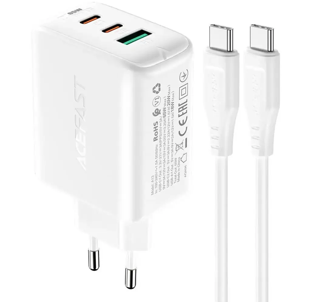 Мережевий зарядний пристрій Acefast A13 Fast Charger PD 65W 2×Type-C / 1×USB з кабелем Type-C to Type-C - White - фото 2
