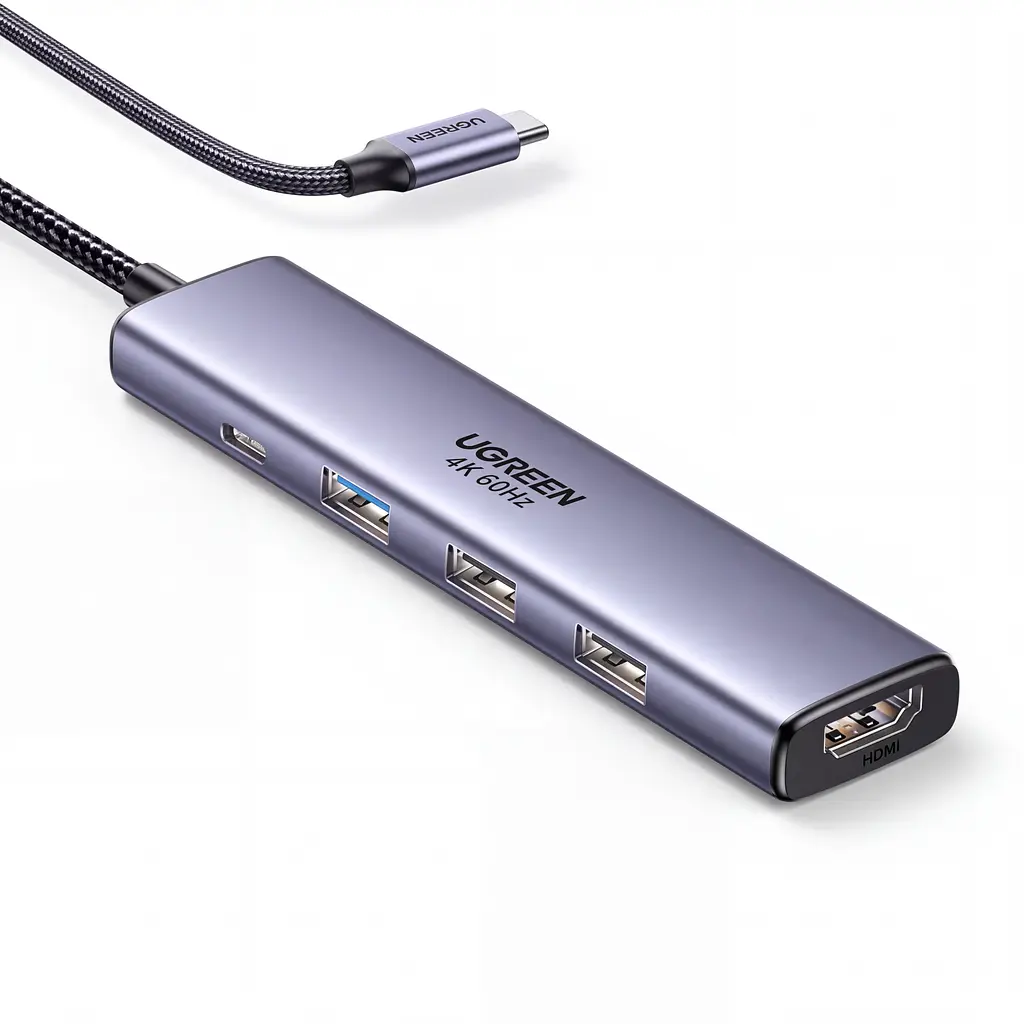 USB-C хаб UGREEN CM478 док-станція вихід HDMI до 4K 60 Гц 1 порт USB-A 3.0 та 2 порти USB-A 2.0 вхід живлення USB-C PD 3.0 до 100 Вт із наскрізним заряджанням для HDMI та заряджання потрібен порт комп’ютера USB-C з відеовиходом і прийманням живлення PD без встановлення драйверів для Windows/macOS/Linux для iPad з USB-C вбудований кабель в обплетенні довжина кабелю приблизно 20 см космічний сірий (35178)