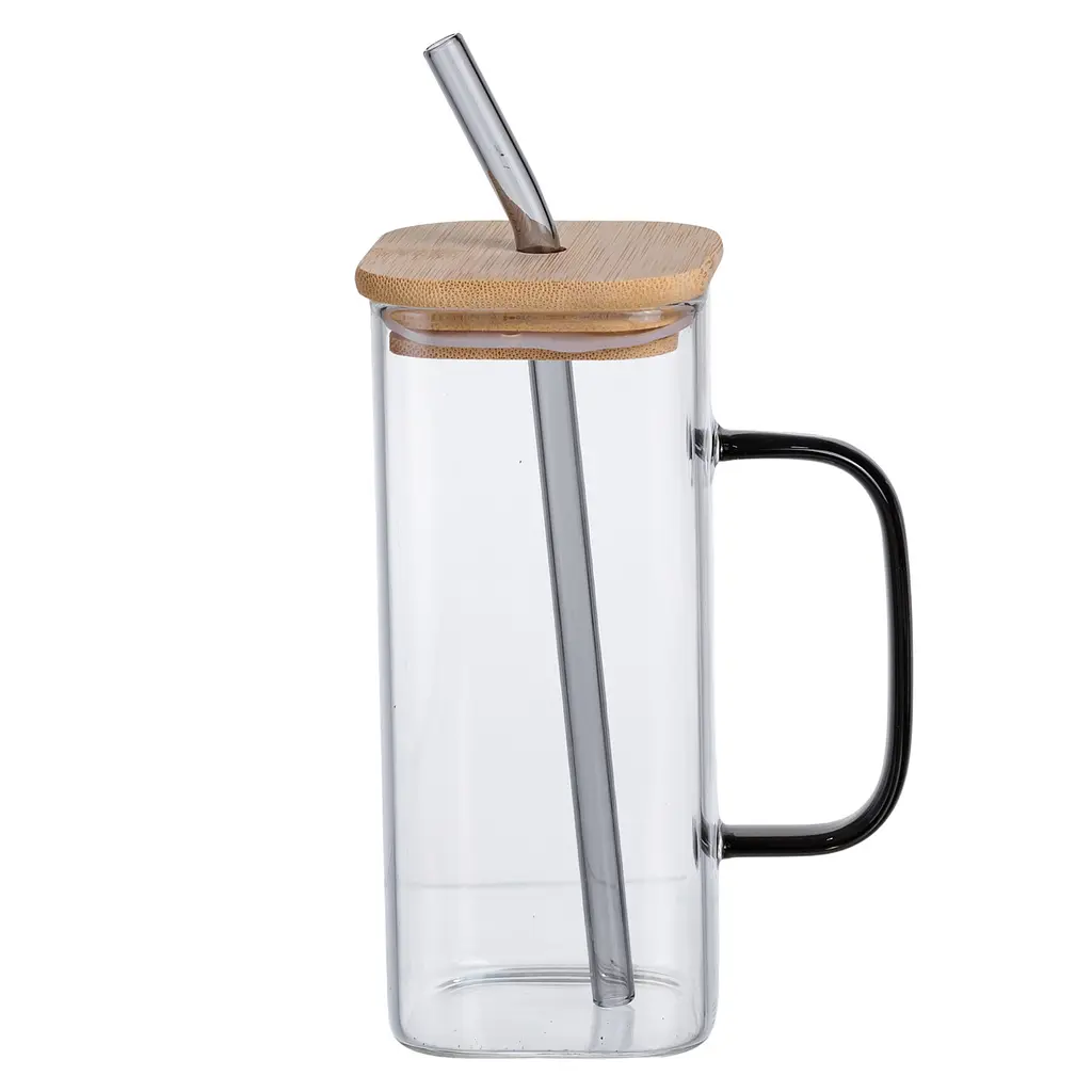 Чашка стеклянная 400 мл с бамбуковой крышкой и стеклянной трубочкой Yiwu HP-19-146 - фото 3
