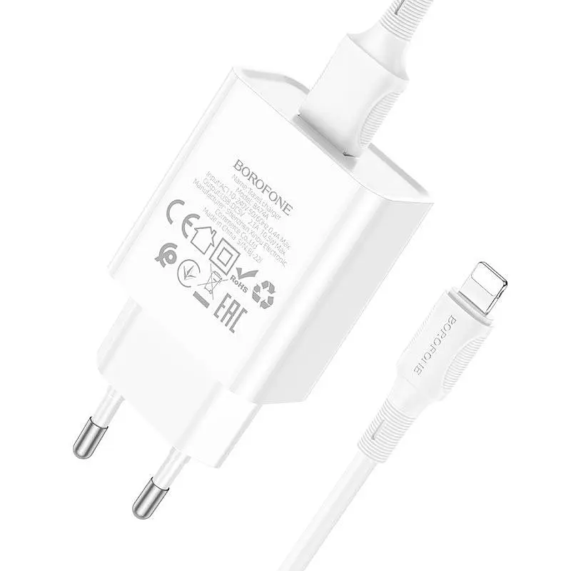 Адаптер мережевий BOROFONE Lightning Cable Aspirer single port charger set BA74A 1USB білий - фото 8