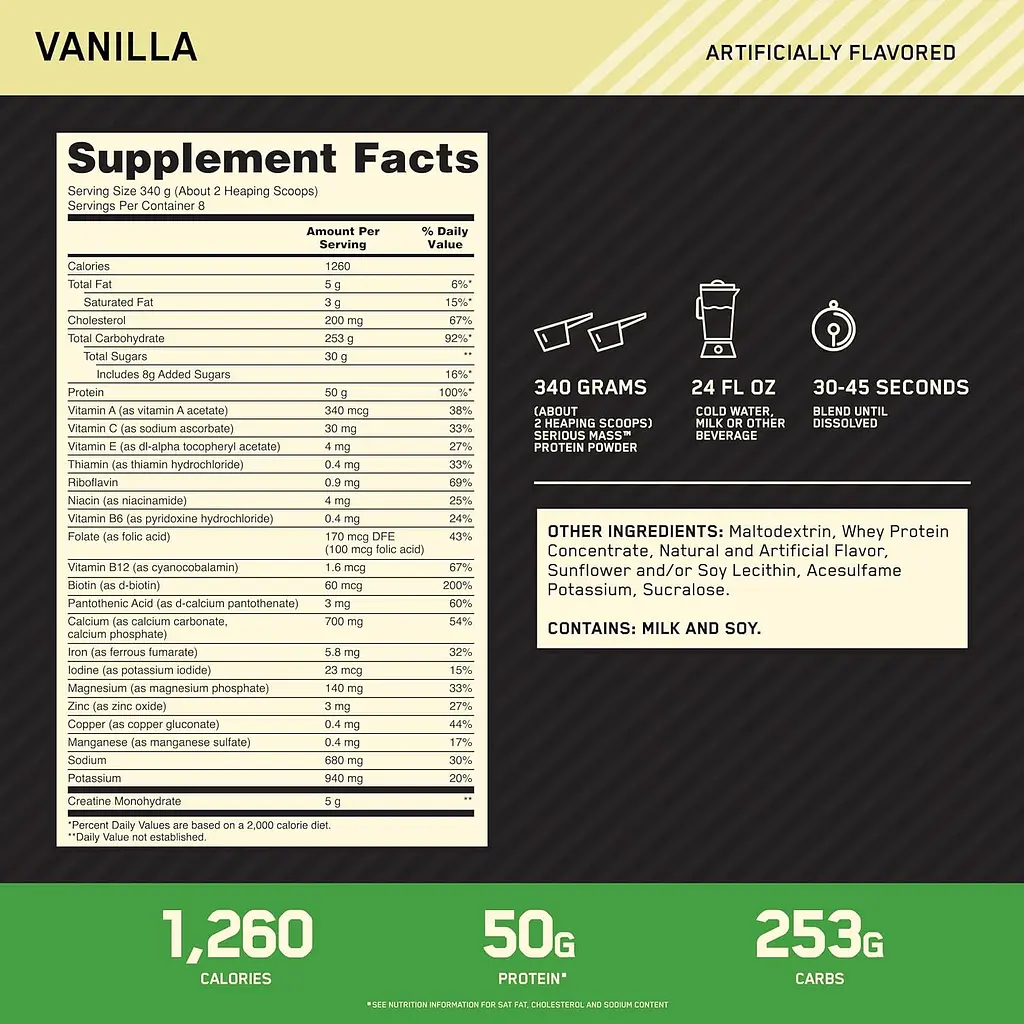 Гейнер Optimum Nutrition Serious Mass Vanilla 2.722 кг - фото 4