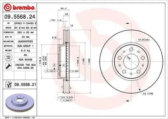 Диск гальмівний передній вентильований Volvo C70 I, 850, V70 I, S70 90-07р Brembo (09.5568.21) - фото 2