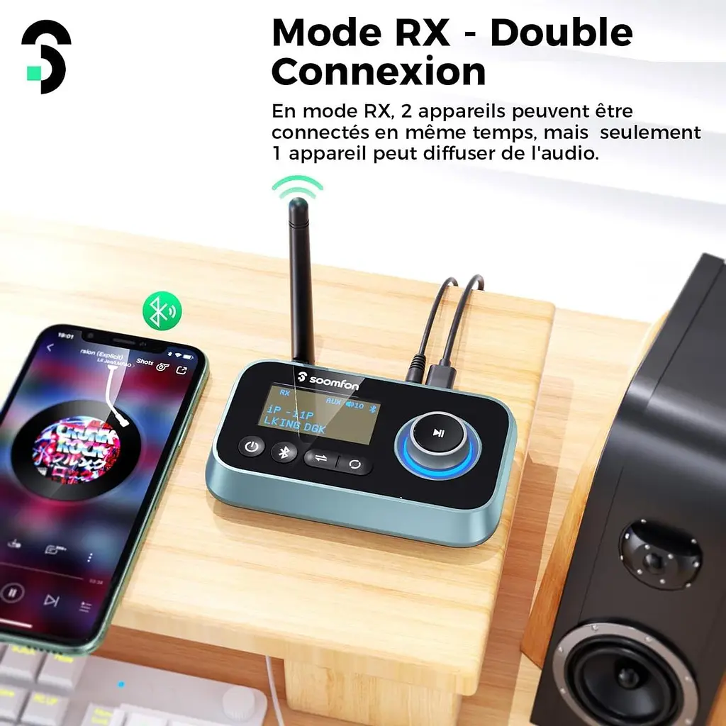 SOOMFON Bluetooth адаптер 3-в-1 (TX/RX/Bypass) 5.0 з LCD-дисплеєм, AUX/RCA/Optical, USB-C - фото 8