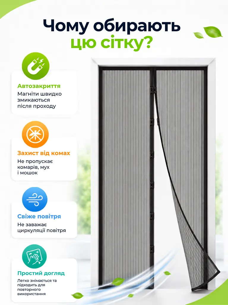 Антимоскітна сітка - штора на магнітах для дверей 210х100 см, з автоматичним закриттям + кріплення, Чорна (7399689941) - фото 3