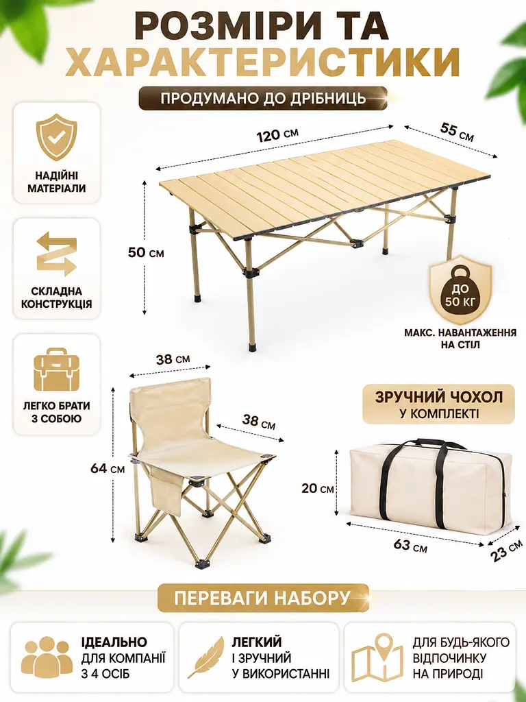Набір туристичних меблів стіл 120×55×50 см з 4 стільцями бежевий для пікніка та кемпінгу (49675943) - фото 3