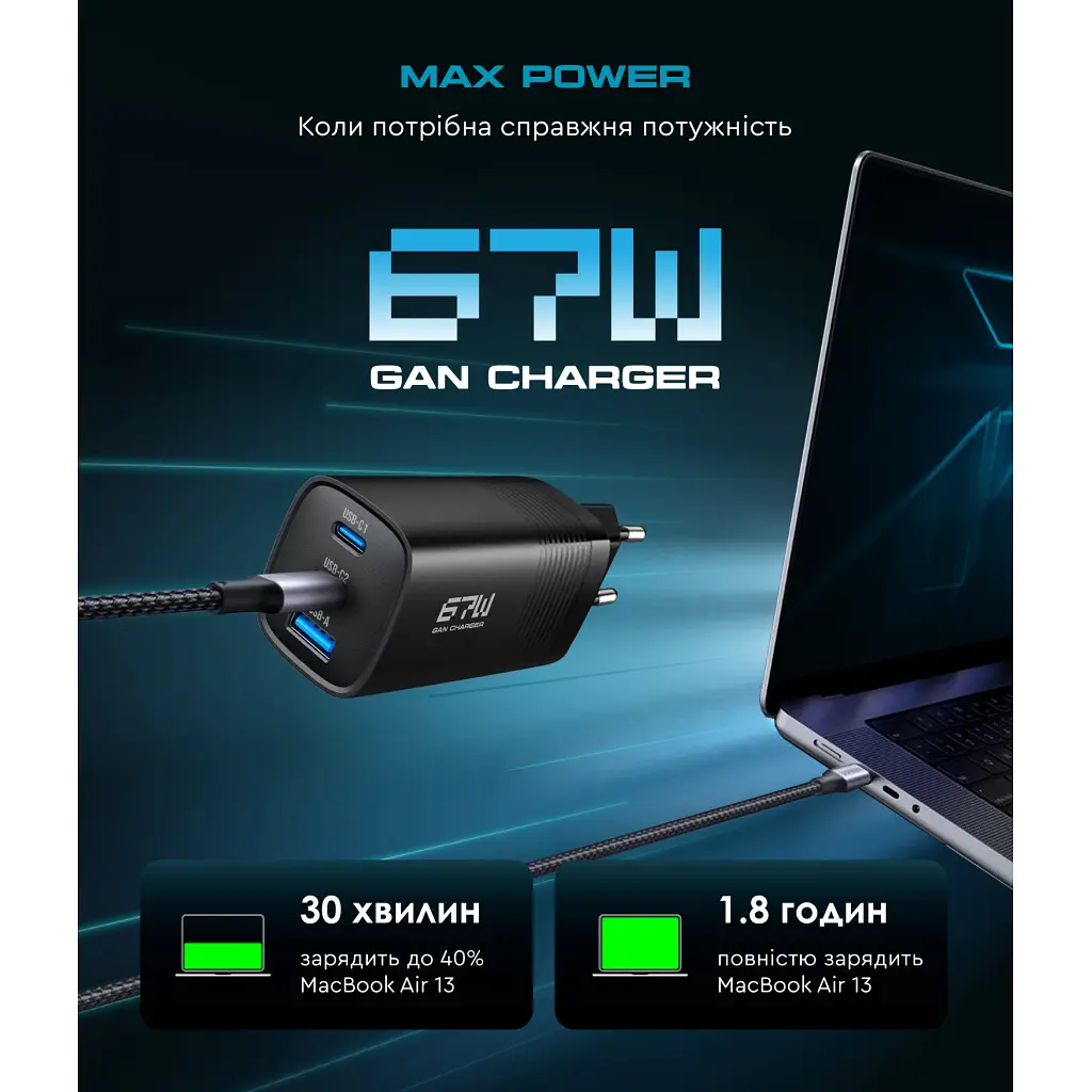 Зарядний пристрій Armorstandart 2xUSB-C + 1xUSB 67 Вт GaN чорний (ARM88384) - фото 4