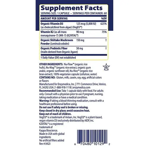 Вітаміни та мінерали Vitamin D3 + Vitamin K2, 60 капсул Enzymedica vit0001100 - фото 3