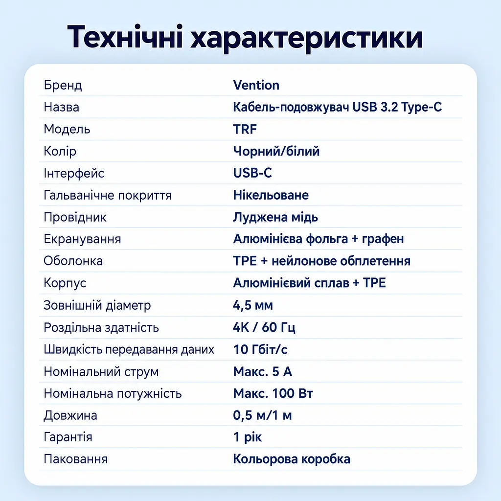Кабель-подовжувач Vention TRFBD USB-C 3.2 Gen 2 PD 100 Вт 0,5 м чорний (TRFBD) - фото 12