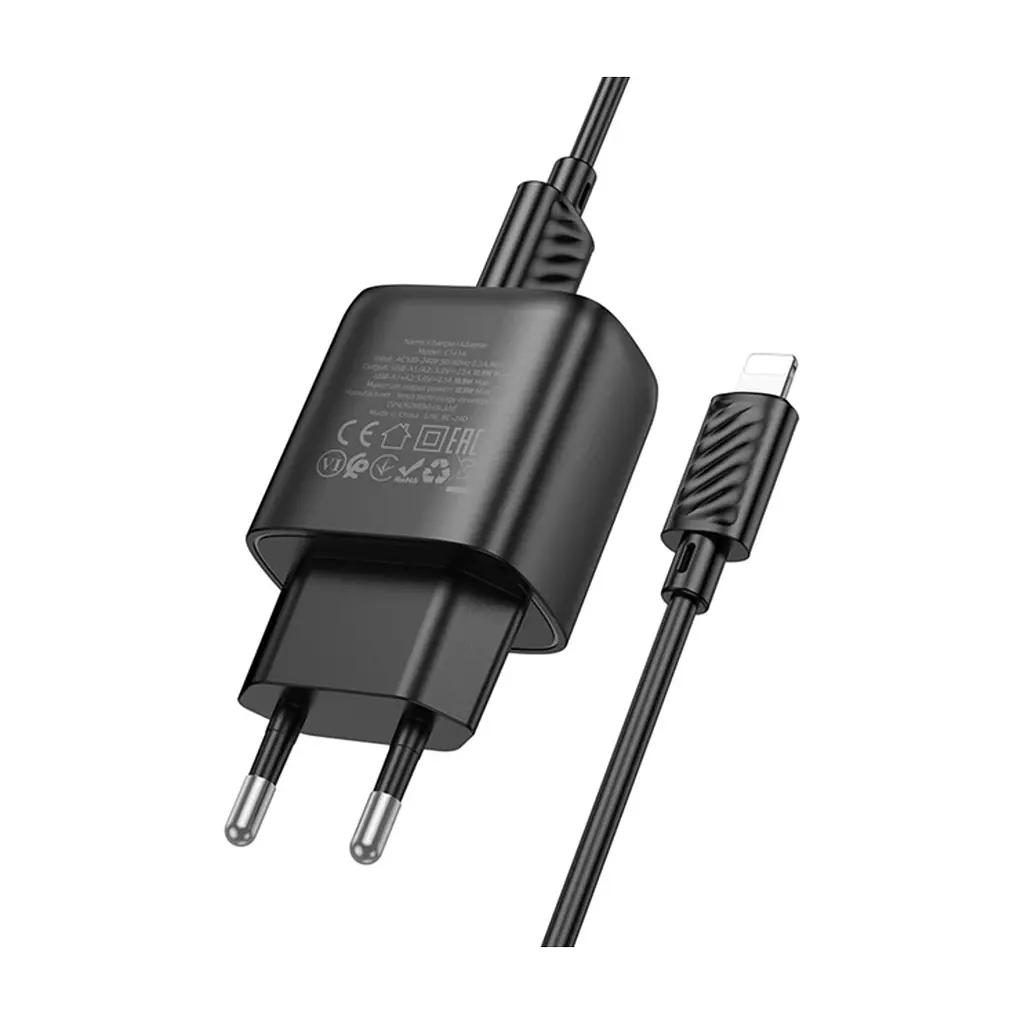 Зарядний пристрій HOCO C141A 2xUSB + cable USB to Lightning black (6942007627863) - фото 3