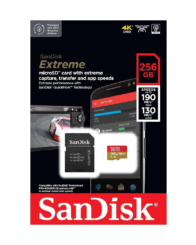 Карта пам'яті microSDXC (UHS-1 U3) SanDisk Extreme A2 256Gb class 10 V30 (R190MB/s,W130MB/s) (adapter SD) (SDSQXAV-256G-GN6MA) - фото 2