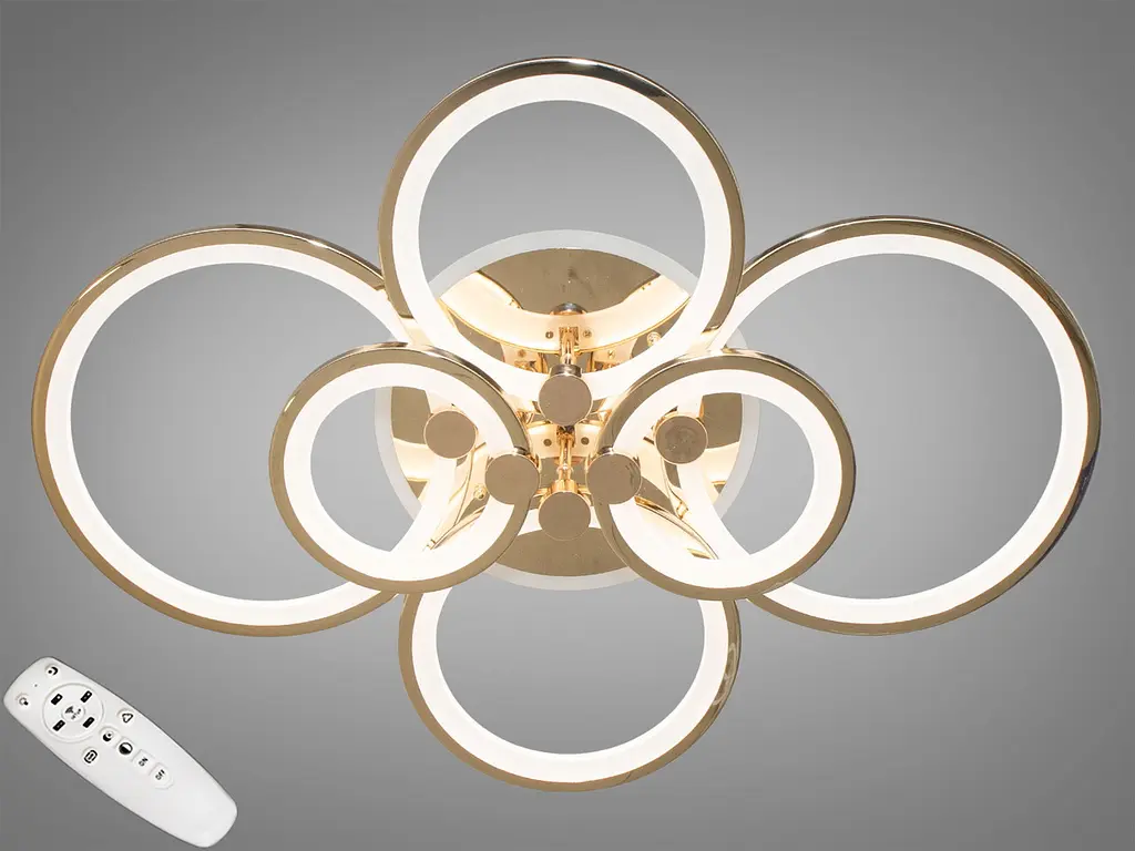 Стельова LED-люстра Diasha 8022/6G 135W, 6 кілець, 3 кольори світла, Ø58×81 см, диммер, пульт - фото 2