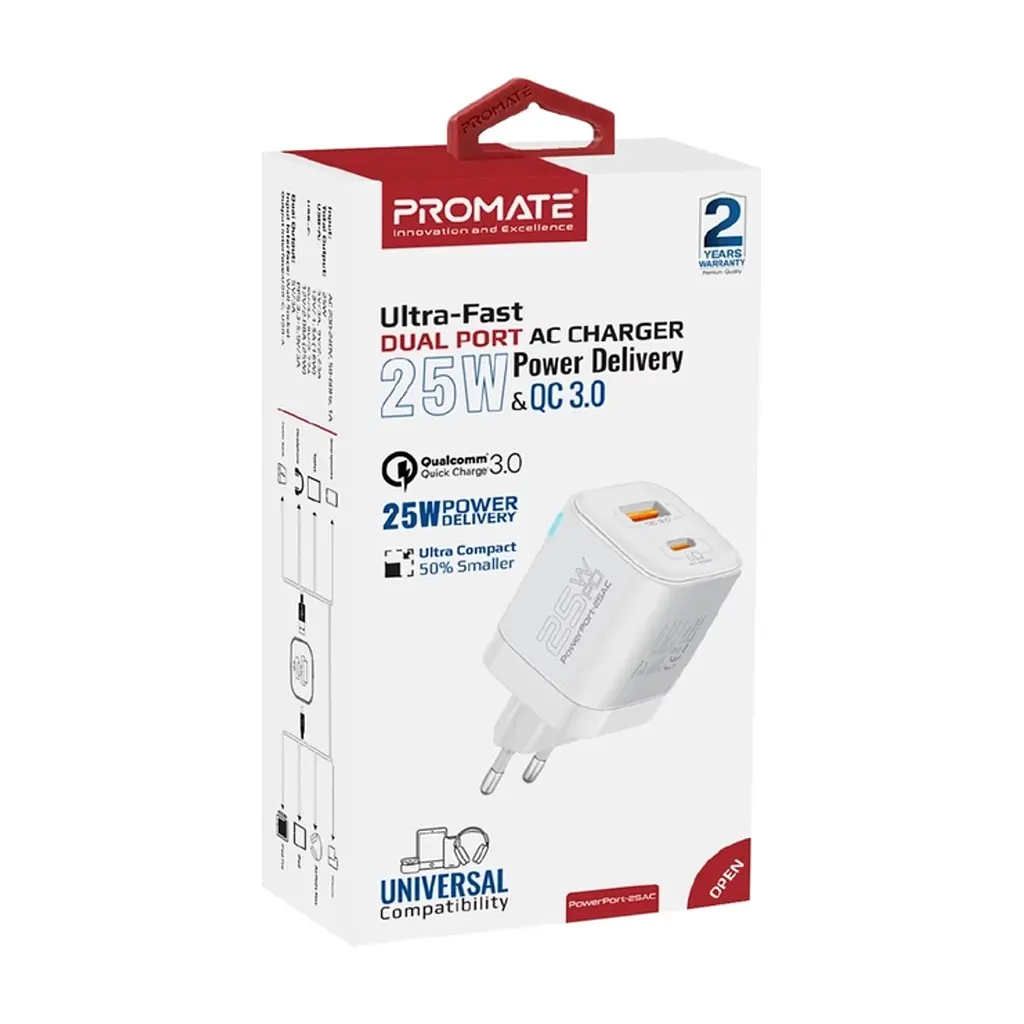 Зарядний пристрій Promate USBC PD25W + USBA QC3.0 18W White (powerport-25ac.white) - фото 3