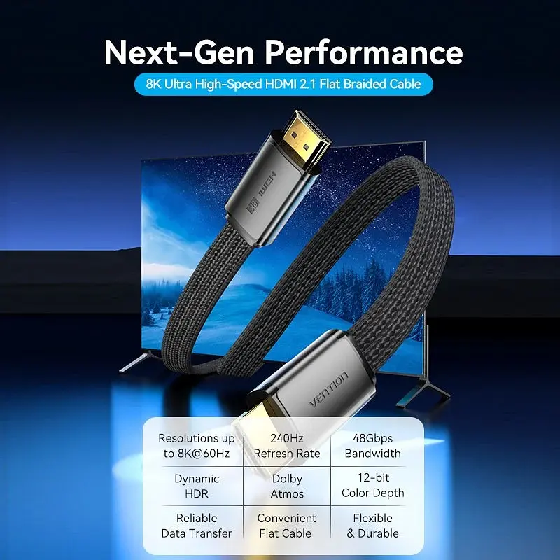 Кабель HDMI M-M, 2.0 м, V2.1, 8K 60Гц, плоский з обплетенням, Vention - фото 6