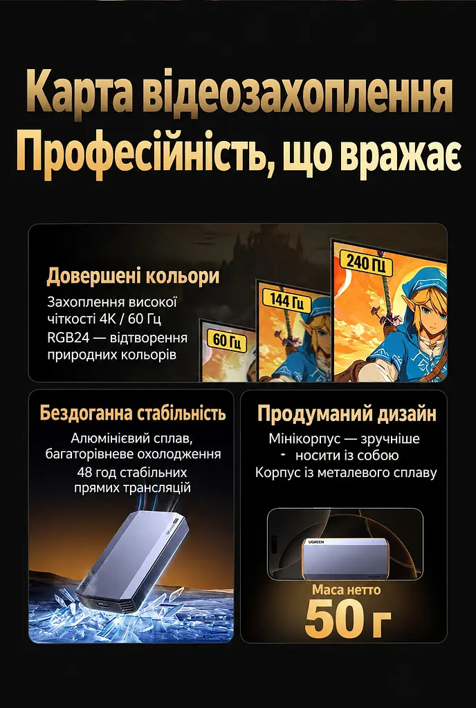Карта відеозахоплення UGREEN UG707 вхід HDMI захоплення через USB-C USB 3.0 захоплення 4K 60 Гц / 2K 144 Гц / 1080p 240 Гц без наскрізного HDMI-виходу для запису та стримінгу підтримка HDR на вході без встановлення драйверів сумісна з OBS та PotPlayer у комплекті кабель даних USB-C / USB-C 0,5 м із перехідником USB-A алюмінієвий корпус з отворами для відведення тепла сріблясто-сіра з темно-сірими торцями (45647) - фото 14