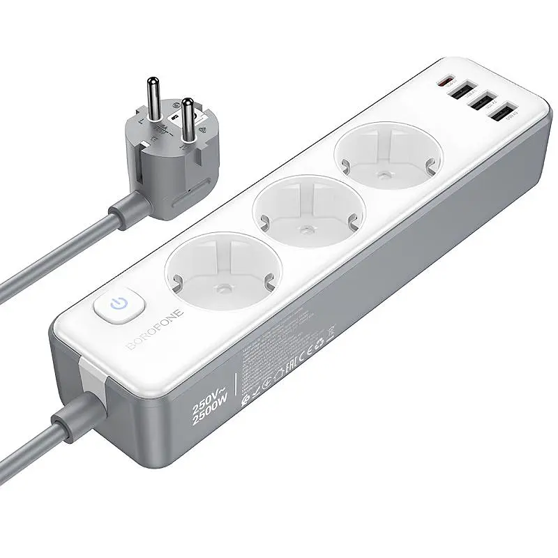 Подовжувач Borofone BAC9 Power PD20W (3USB-A/1C/3xSocket) (2m) White - фото 3