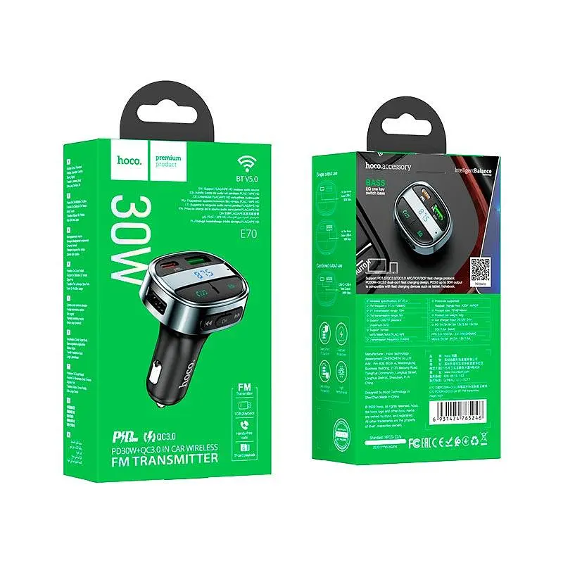 Автомобільний адаптер HOCO BT FM FM transmitter E70 | 2USB/Type-C, PD/QC, 30W/3A| - фото 2