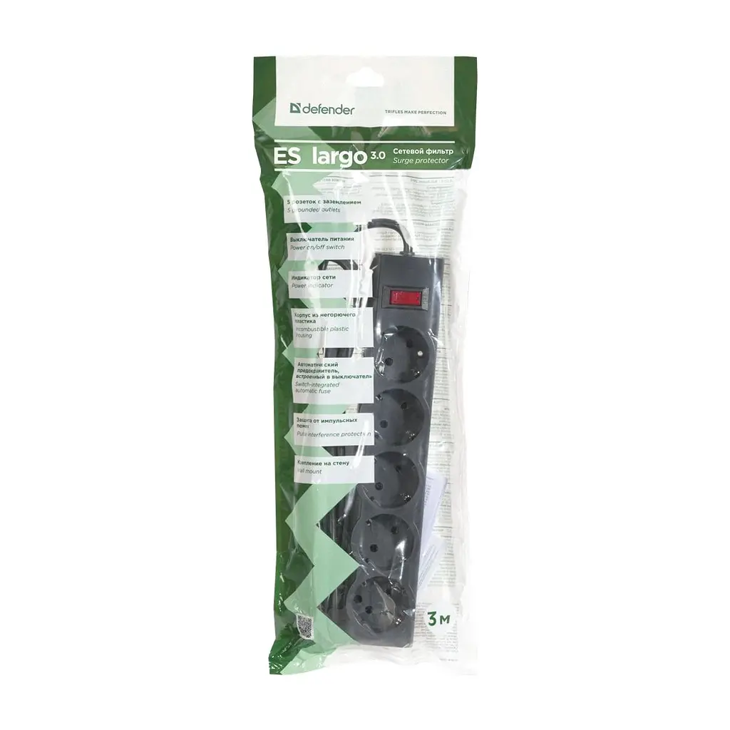 Мережевий фільтр живлення Defender ES largo 3m 5 роз. black (99498) - фото 3