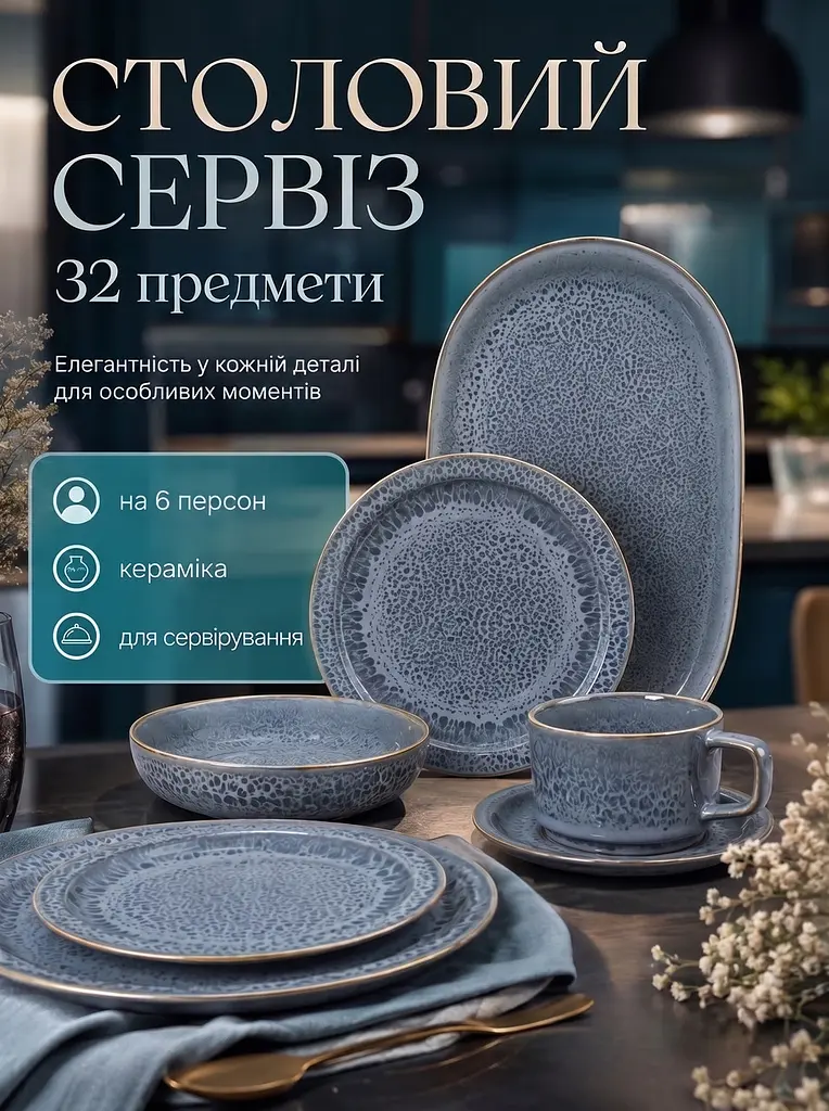 Керамічний столовий сервіз на 6 персон 32 предмети, набір посуду з чашками та тарілками сірий (26276283) - фото 2
