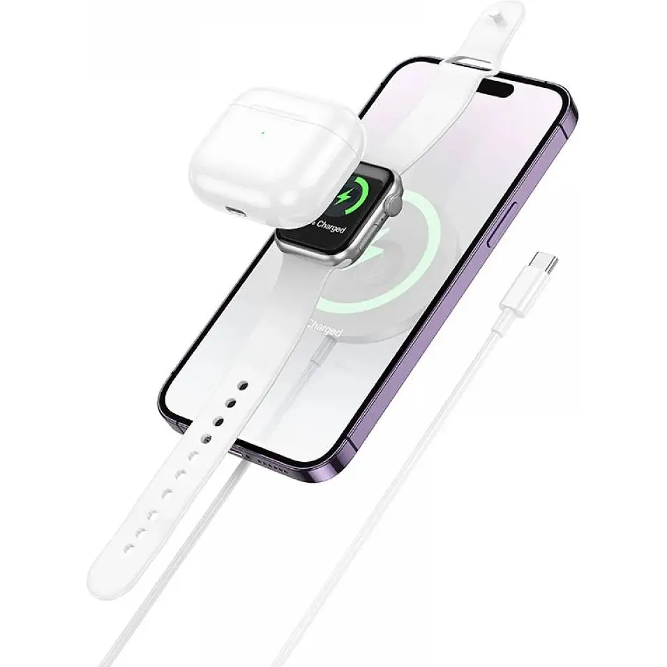 Бездротовий зарядний пристрій Hoco CW50 Fast 3-in-1 magnetic iWatch 2.5W/MagSafe 7.5W Type-C AirPods / iWatch 1–8 SE/SE2 Ultra Білий - фото 3