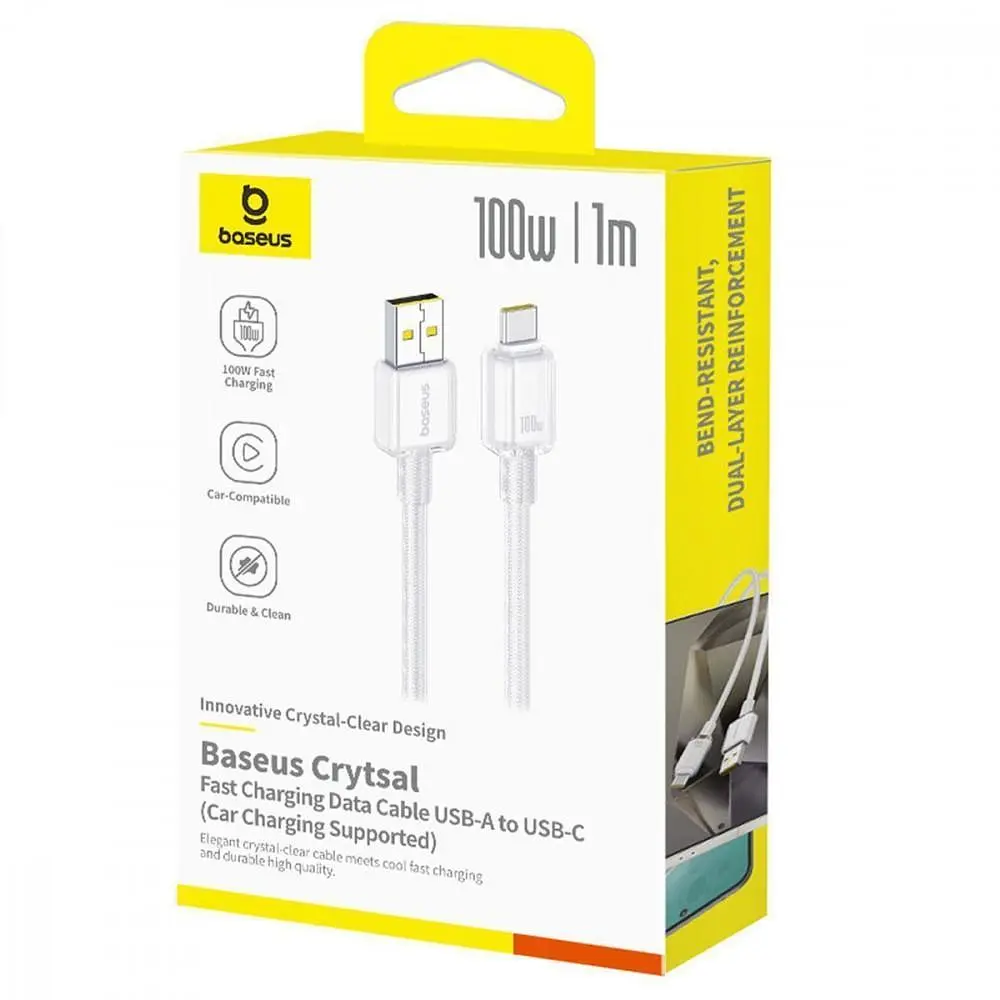 Кабель Baseus Crystal Fast Charging Data USB to Type-C (Car Charging Supported) 100W/7.5W (1m) white (E0427900) - фото 2