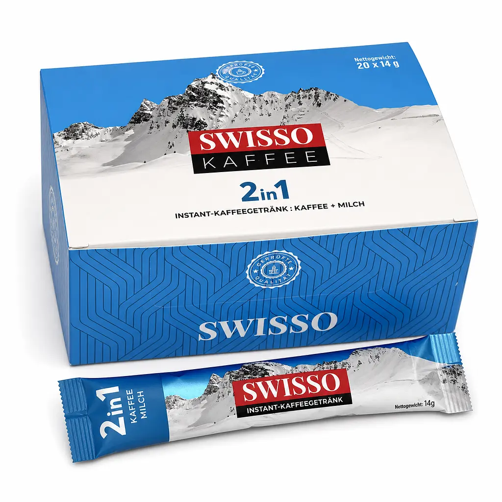 Кава розчинна Swisso Kaffee 2в1 з молоком у стіках 20 х 14 г швидкого приготування