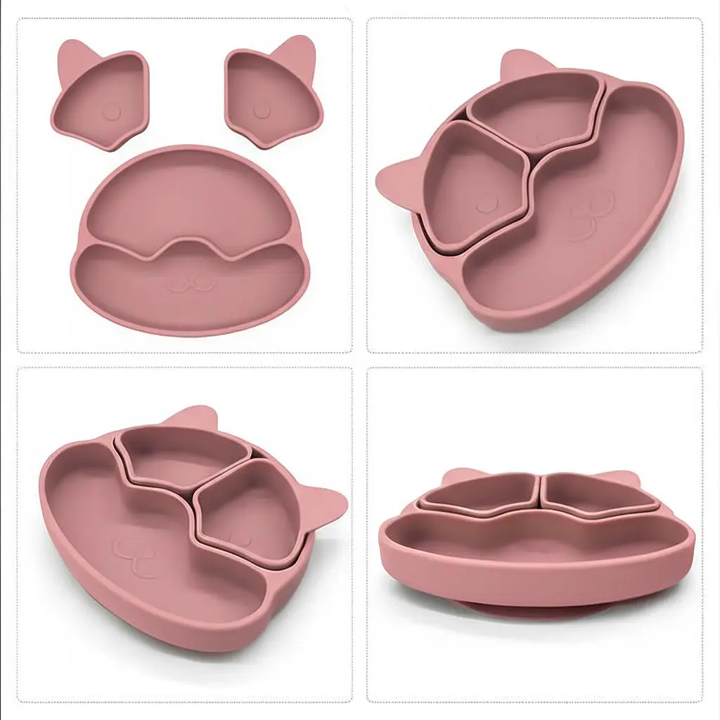 Набір силіконового дитячого посуду Cheeks для прикорму на присосках із харчового силікону темно рожевий з гризунком прорізувачем-брязкальцем  duplication - фото 2