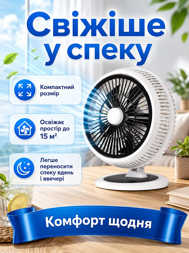 Настільний вентилятор 22 см 50 W з автоповоротом для дому та офісу, білий (49675908) - фото 2
