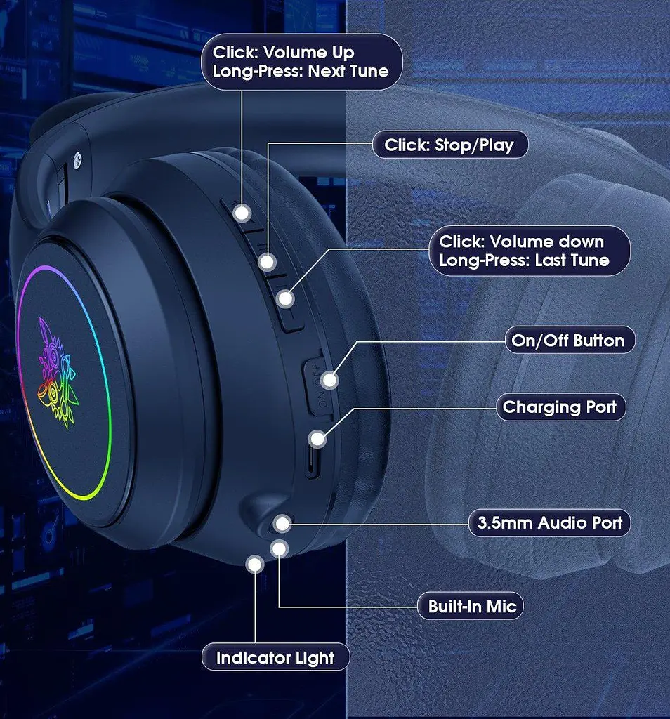 Ігрові Bluetooth навушники Onikuma з котячими вушками, RGB підсвіткою та мікрофоном - фото 4