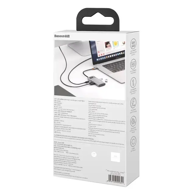 USB-хаб Baseus Metal Gleam Series 4-in-1 Multifunctional Type-C HUB Docking Station Gray（Type-C to HDMI*1+USB3.0*1+USB2.0*1+PD*1） (CAHUB-CY0G) - фото 2