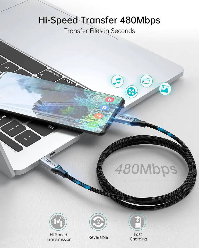 Кабель USB 2.0 Type-C M-M, 1.8 м, 100W, обплетення, PD, чорний Choetech - фото 5