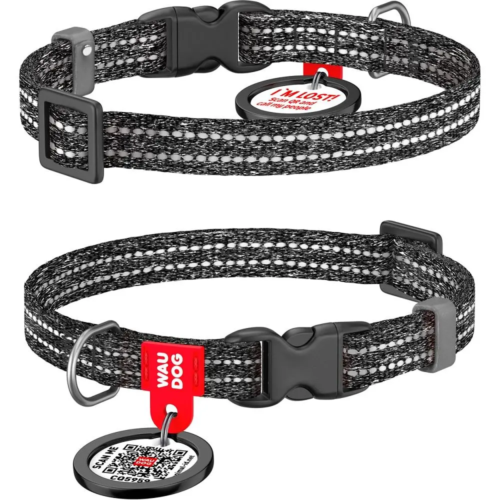 Ошейник для кошек и собак мини-пород Waudog Re-cotton, из восстановленного хлопка, светоотражающий, с QR паспортом, XS, 20-30х1 см, серый - фото 3