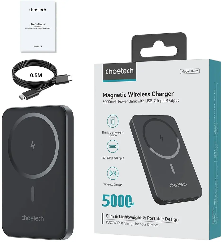 Павербанк Choetech Magnetic Wireless Black 5 000 mAh / 20 Вт (B709-CCBK) - фото 2