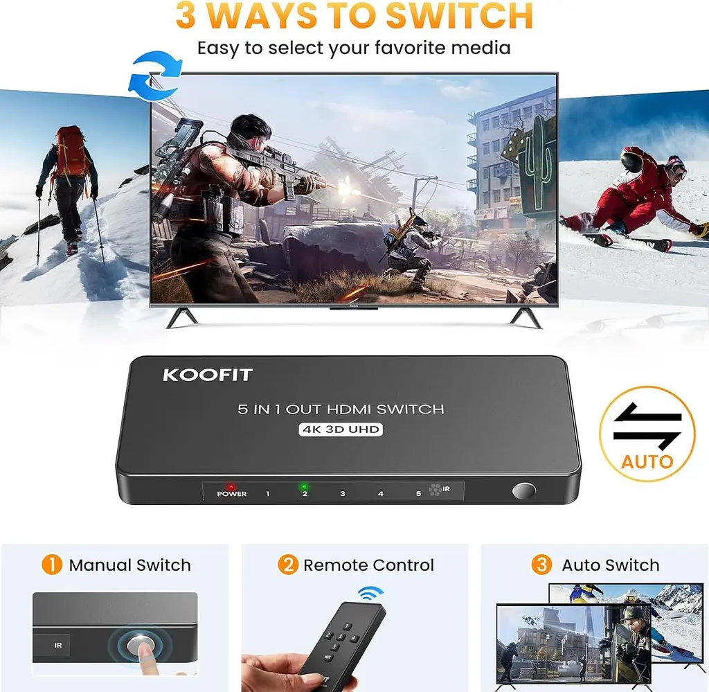 HDMI-перемикач 5 In 1 Out, HDMI Splitter 4K підтримує 4K 3D UHD - фото 6