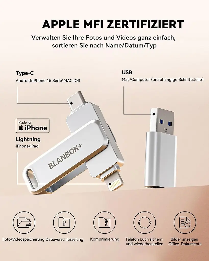 MFi USB-накопичувач 256GB 3-в-1 (USB-C/Lightning/USB) для iPhone 15, iPhone/iPad/Android/PC/ноутбука - фото 6