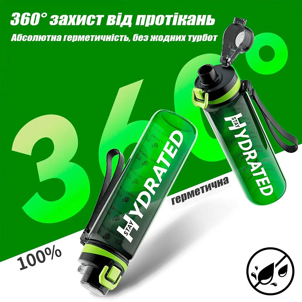 Спортивна пляшка для води Hydrated 1000 мл, фітнес пляшка в зал для фітнесу, велика фляга чорно-зелена - фото 4