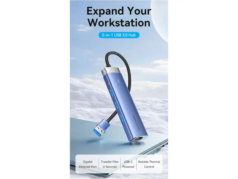 Мультипортовий адаптер Vention 5-in-1 USB-A to USB3.0x3/RJ-45/USB-C Power (TGFSB) - фото 9