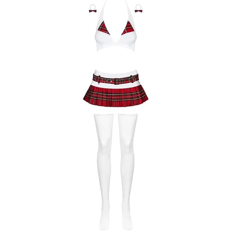 Эротический костюм школьницы с мини-юбкой Obsessive Schooly 5pcs costume бело-красный S/M - фото 5