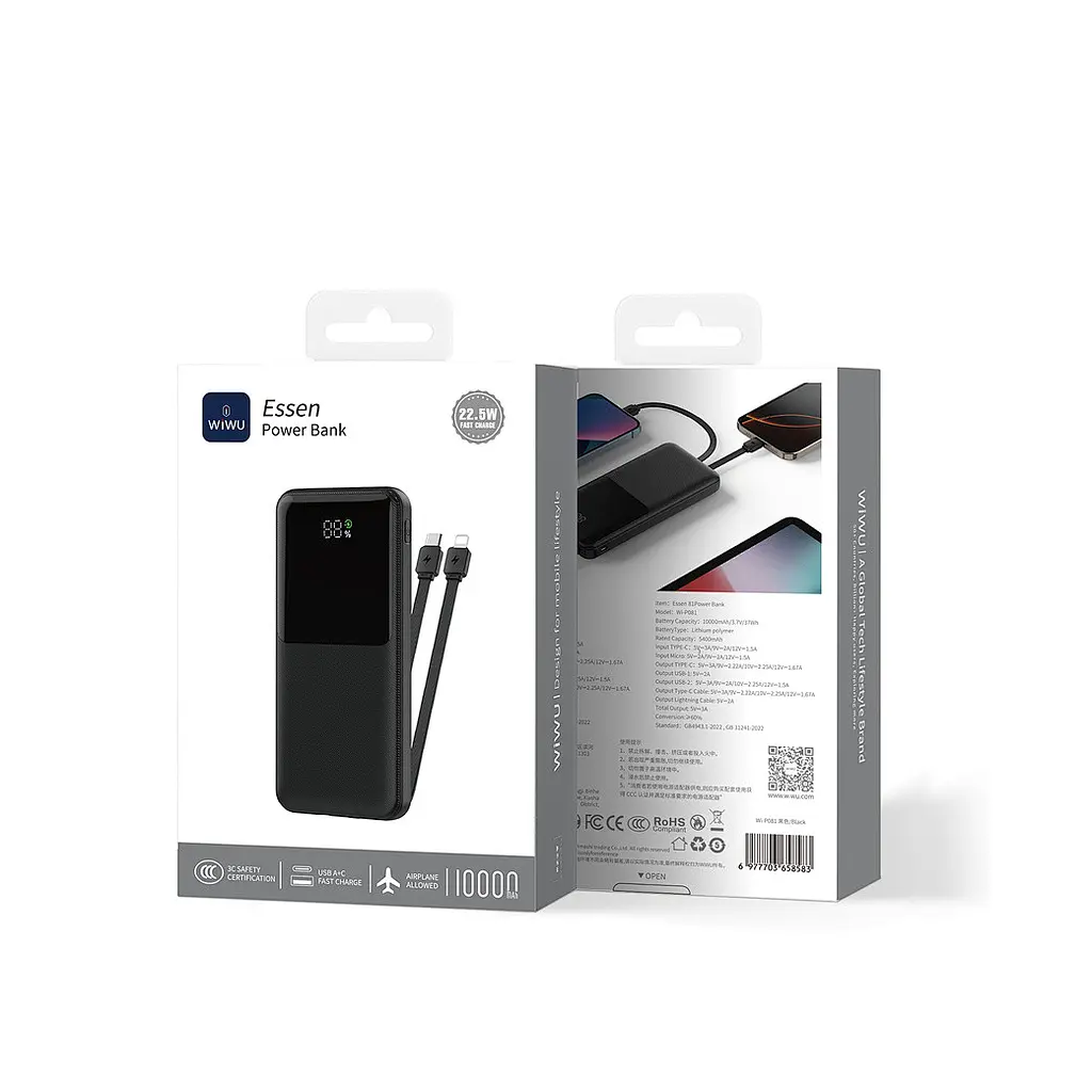Зовнішній аккумулятор WIWU Essen power bank 22.5W 10000mAh Wi-P081 (3C) Чорний - фото 2