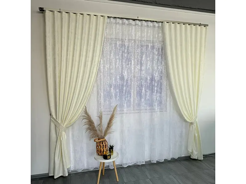 Мармурові жакардові штори молочного кольору 2шт. 150х270 з білим жакардовим тюлем 400х270, на тасьмі ALBO pbe0052579 - фото 7