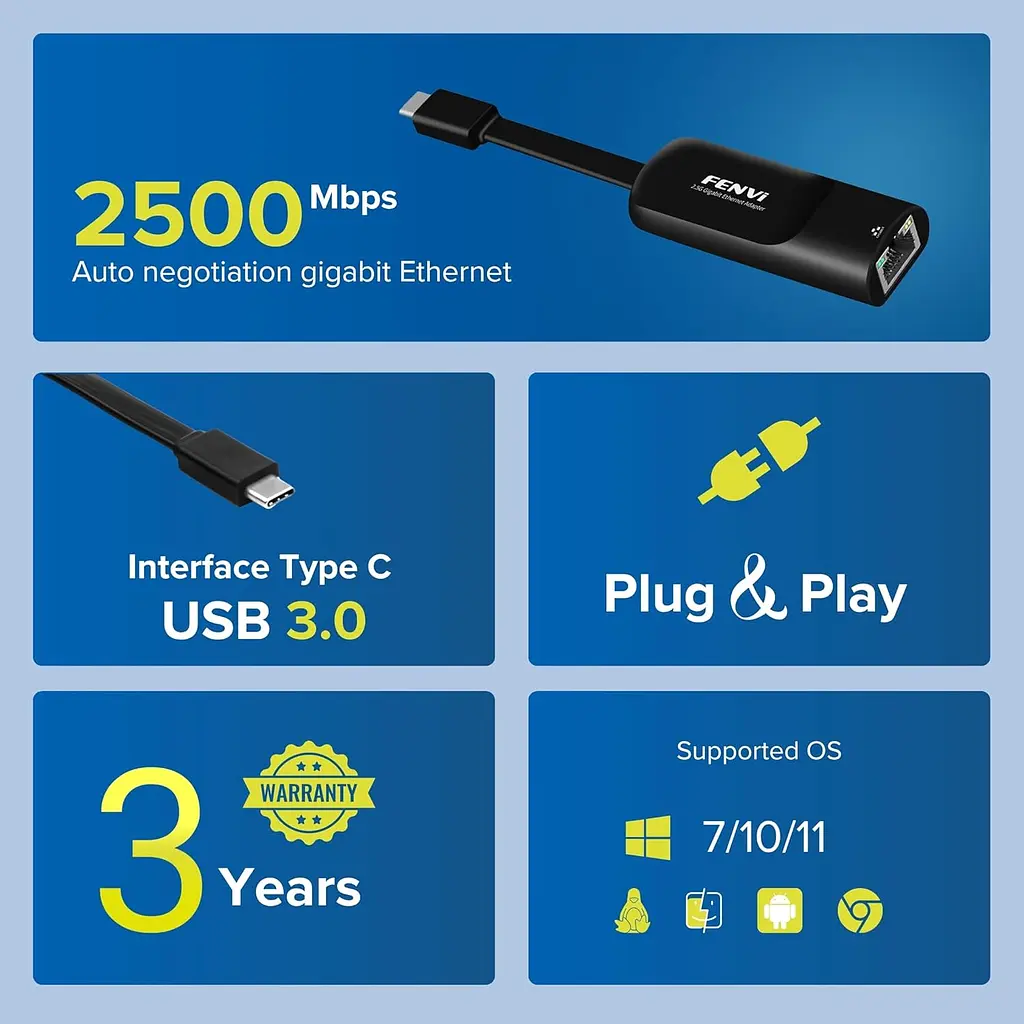 Мережевий адаптер Type - C на RJ45 Fenvi FR-G2500C 2500mbps 2.5 g Ethernet перехідник мережева карта Black (19129) - фото 2