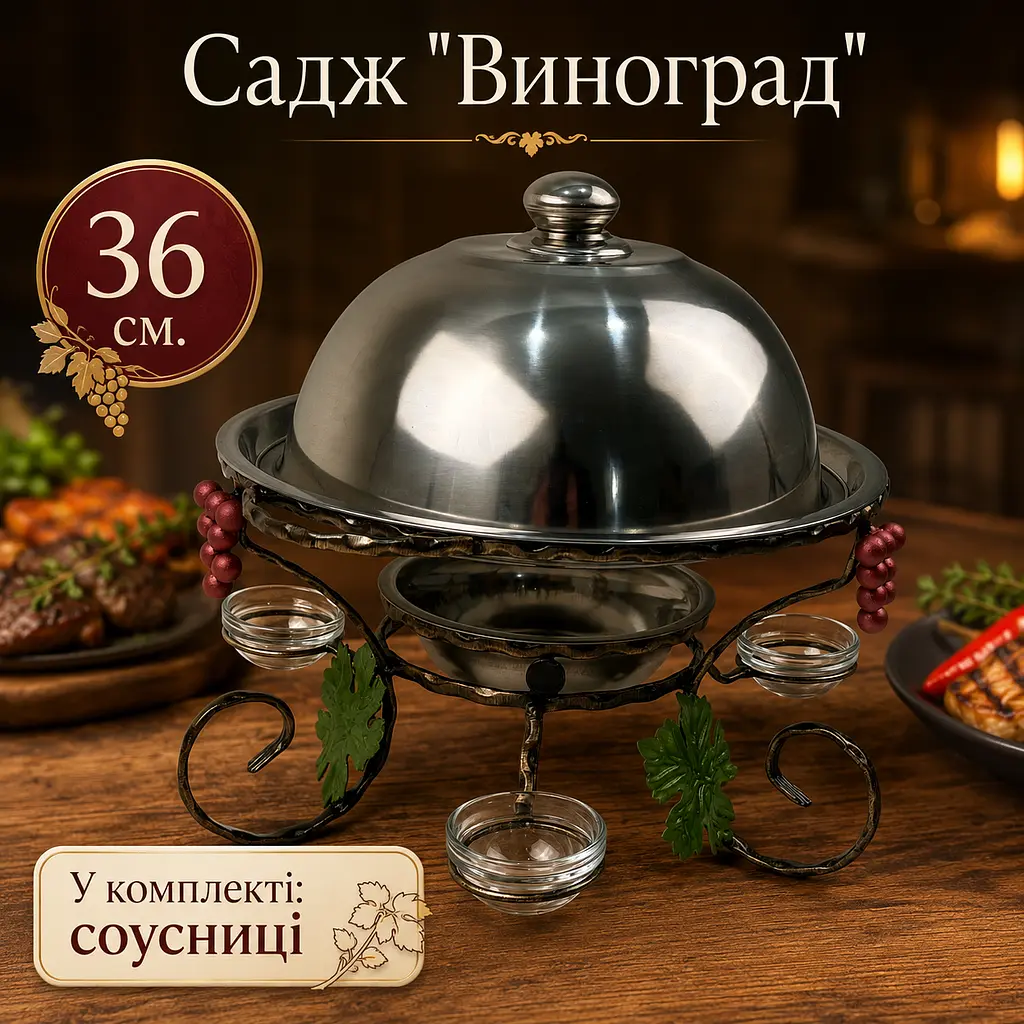 Садж Виноград для подачі та підігріву шашлику 36 см з соусницями та кришкою - фото 5