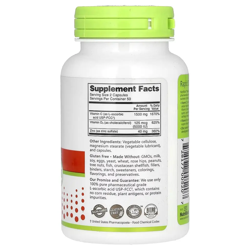Витамин C, D3 и цинк NutriBiotic Immunity Vitamin C+D3 & Zinc 100 капсул - фото 2