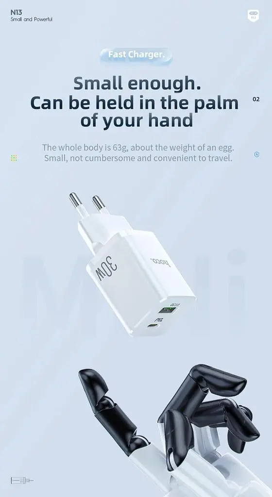 Сетевое зарядное устройство 1USB + Type-C Hoco N13 Bright PD30W+QC3.0 2A White - фото 4