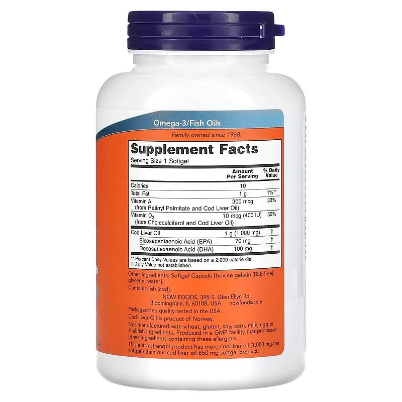 NOW Олія печінки тріски, Cod Liver Oil - 180 софтгель Now Foods - фото 2
